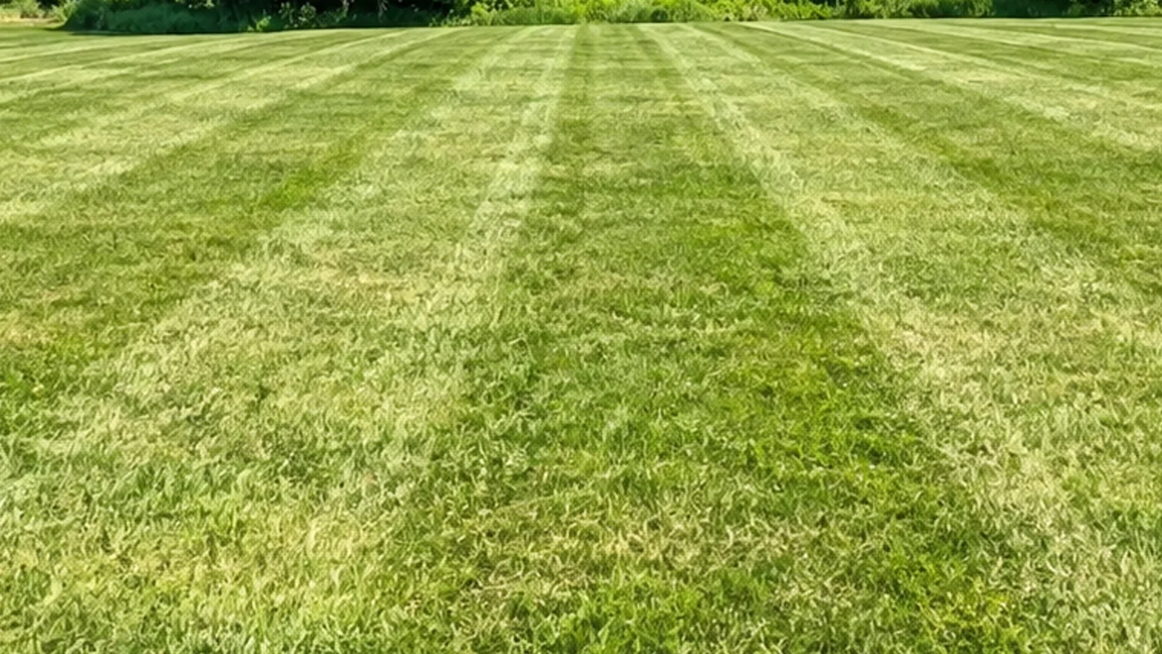 Close view of parallel mowing stripes in an AI-edited lawn photograph.