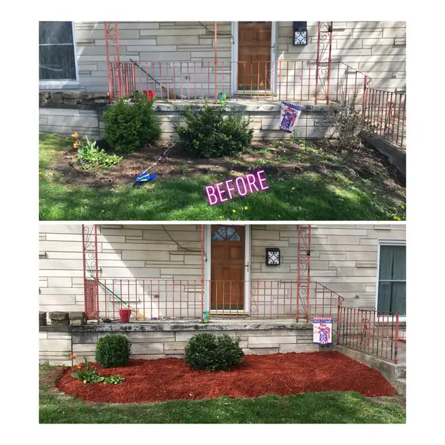 Original collage of a front garden with shrubs and red mulch.