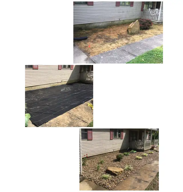 Original three-view collage of a garden bed, fabric and decorative stone.