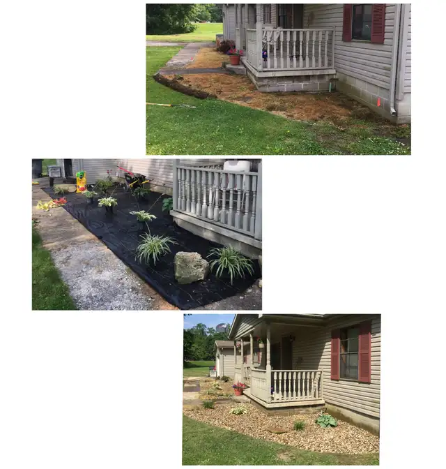 Original collage of a porch-side planting bed and stone ground cover.