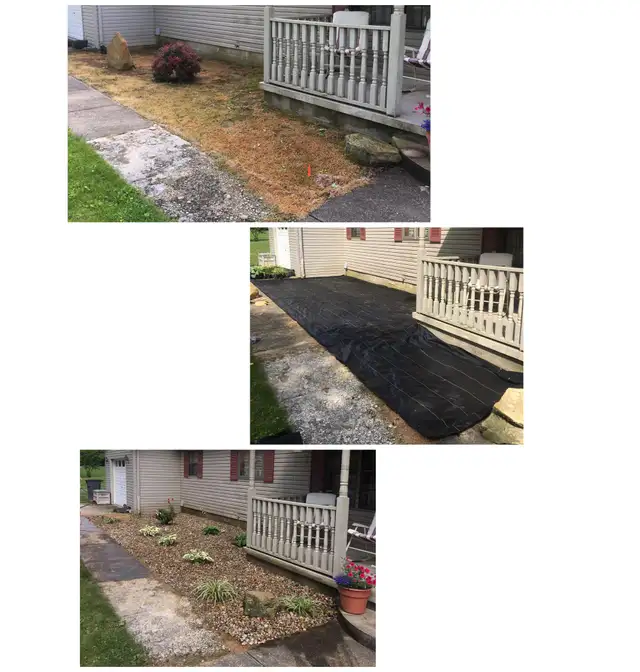 Original collage of a curved bed beside a porch.