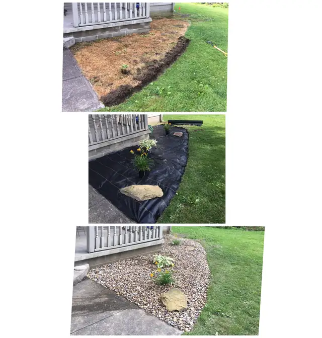 Original collage of a garden bed with landscape fabric, plants and stone.