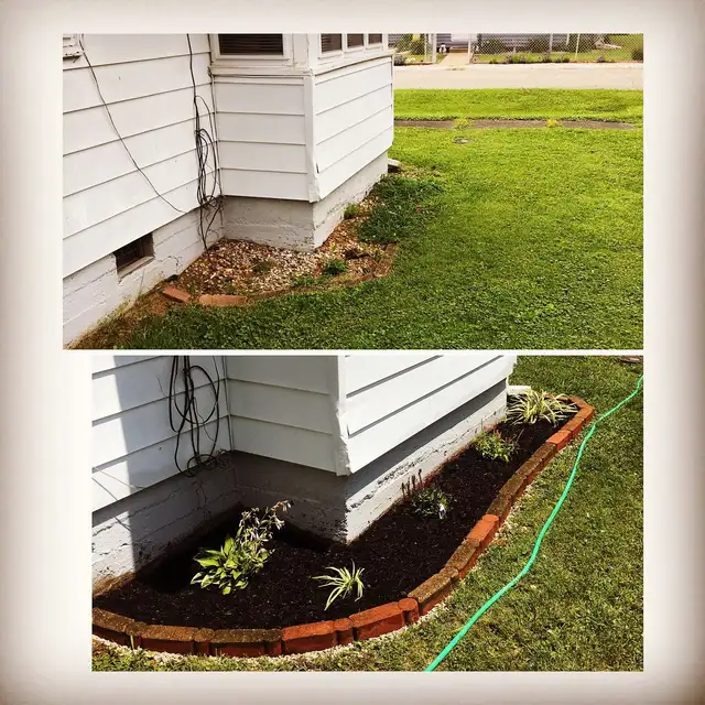 Original collage of a small curved garden bed beside white siding.