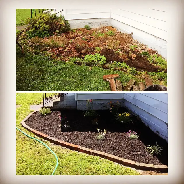 Original collage of a corner garden with planting and mulch.