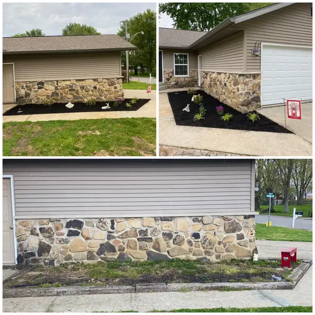 Original collage of dark mulch beds beside stone-clad walls.