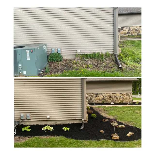 Original collage of a side garden bed with new planting and dark mulch.