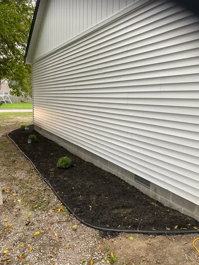 A narrow mulch bed with small plants along white siding.