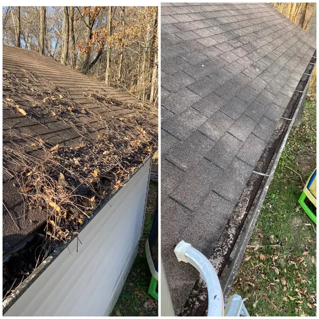 Original collage showing leaves along a roof edge and a cleared gutter.