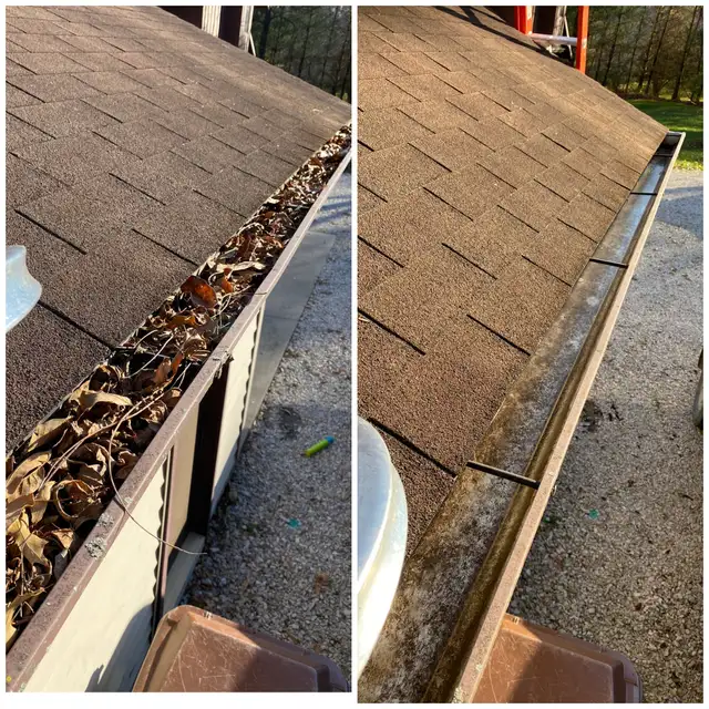 Original collage of a gutter with leaves and a clear gutter channel.