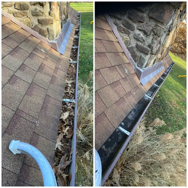 Original collage of a gutter around a stone chimney.
