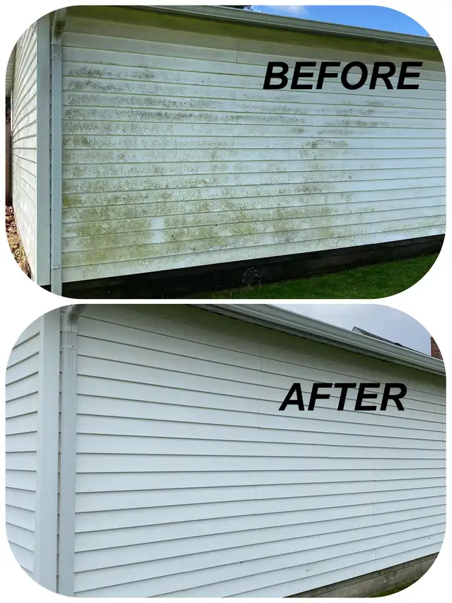 Original supplied collage of white siding, labeled before and after.