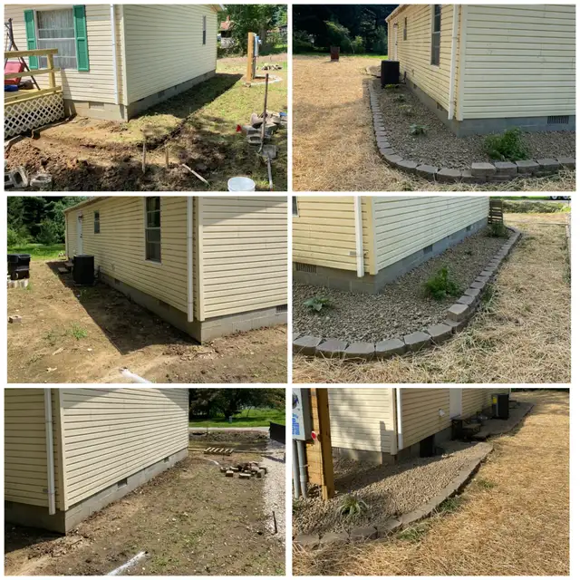 Original collage of garden-bed preparation and decorative stone borders.