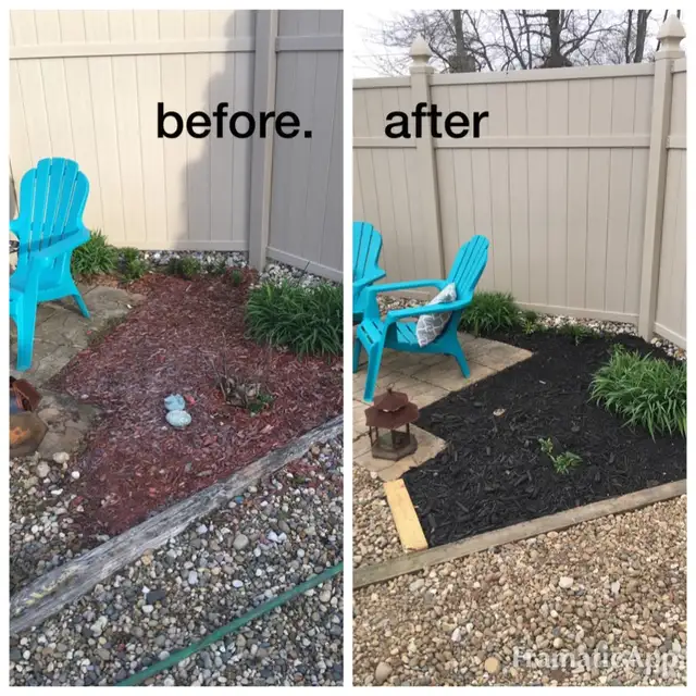 Original collage of mulch and plants beside a blue garden chair.