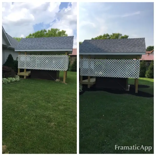 Original collage of garden beds beside a screened patio.