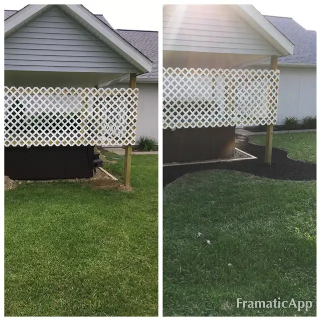 Original collage of a mulch bed beside a lattice screen.